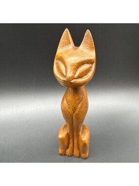 VTG Carved Wood Teak Big Eyed Siamese Cat Sculpture MCM 5” Mini Shelf Sitter